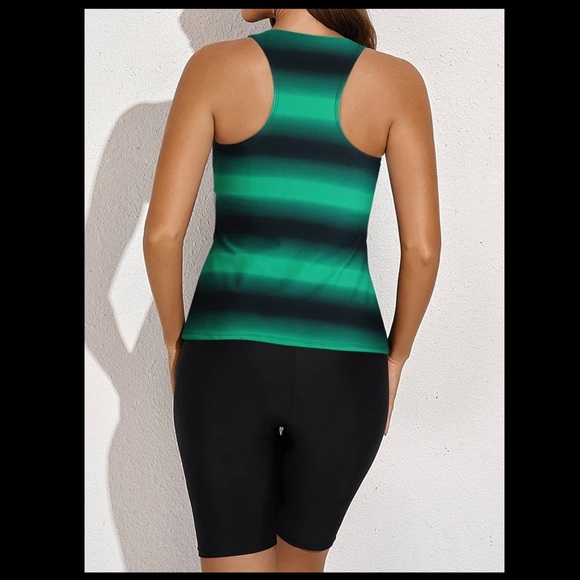 Green Black Striped Color Block Print Tankini Swimsuit with Swim Capris - Picture 5 of 6